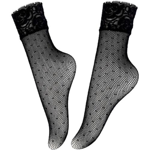 Frilly Fishnet Socks Women Sexy Black Lace Socks Elasticity Socken Summer Transparent Short Nylon Socks Ladies Skarpetki 5 Pairs