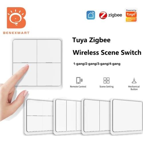 Benexmart Tuya Zigbee Wireless Scene Switch Smart Remote Switch Wall Stickers 1 2 3 4 Gangs Push On Off Button Power by Battery