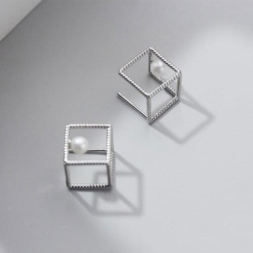 COLUSIWEI Real 925 Sterling Silver Geometric Stud Earrings for Women Square Pearl Ear Studs Engagement Wedding Fahion Jewelry