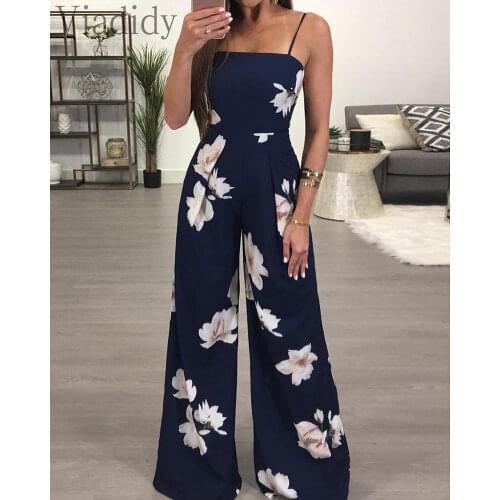 Women Summer Floral Print Spaghetti Strap Open Back Lace-up Wide Leg Jumpsuit