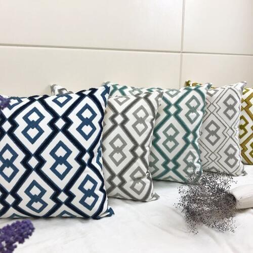 Home Decor Embroidered Cushion Cover Blue Grey Green Geometric Canvas Cotton Square Embroidery Pillow Cover 45x45cm Pillow Sham