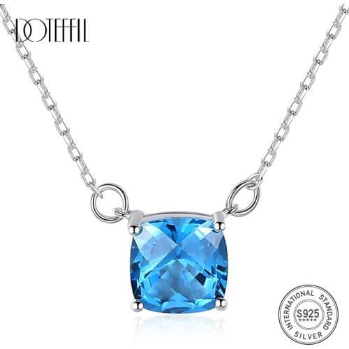 DOTEFFIL Fashion Square Sapphire Pendant Necklace for Women Charming Female Wedding Gemstone Necklace Silver 925 Jewelry Bijoux