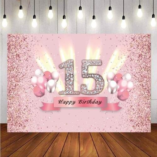 Pink Sweet 15th Backdrop Balloon Rose Gold Glitter Lady Happy Birthday Party Photography Background Photo Studio Banner