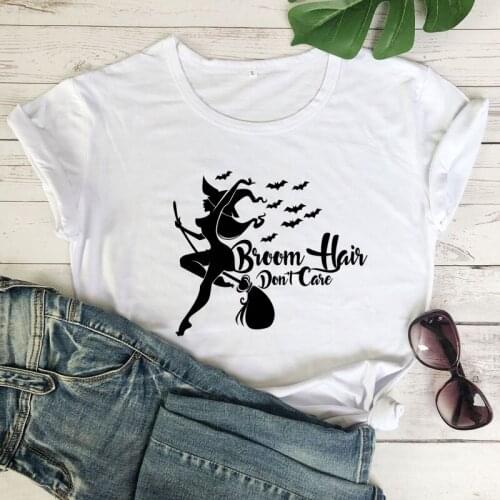 Broom Hair Don't Care T-shirt Funny Autumn Short Sleeve Halloween Party Tshirt Aesthetic Womens Graphic Witch Top Tee Shirt