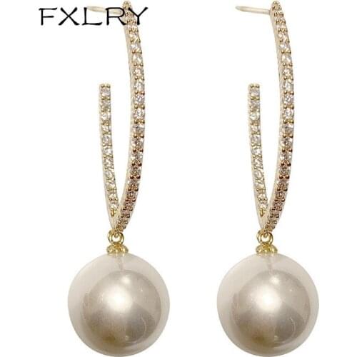 FXLRY Elegant Gold Color Zirconia C-shaped pearl pendant long earrings for Women Fashion Jewelry