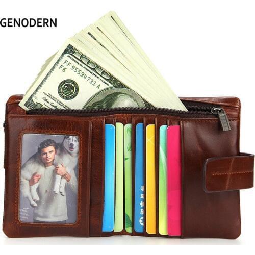 GENODERN Short Genuine Leather Wallet for Men with Zipper Coin Pocket Buckle Desgin Vertical Male Purse Men Wallets