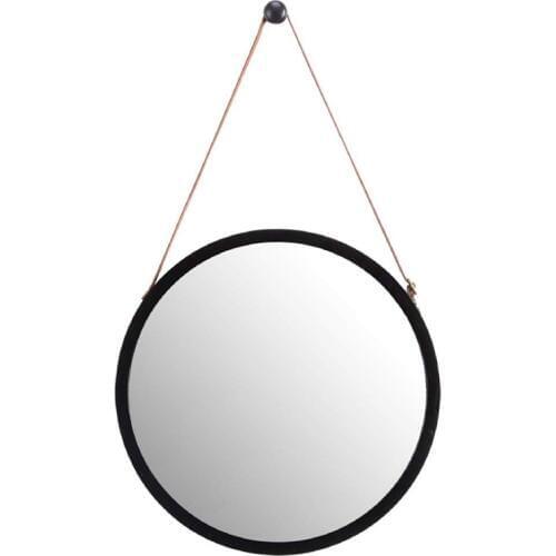 Hot XD-Hanging Round Wall Mirror in Bathroom & Bedroom - Solid Bamboo Frame & Adjustable Leather Strap (Black, 15 Inch)