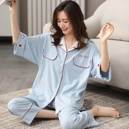 Summer 100% Cotton Pajama for Women Shorts Sets Homewear PJ Blue Pijamas Femme Pure Cotton Sleepwear Women Cute Pyjama Femme