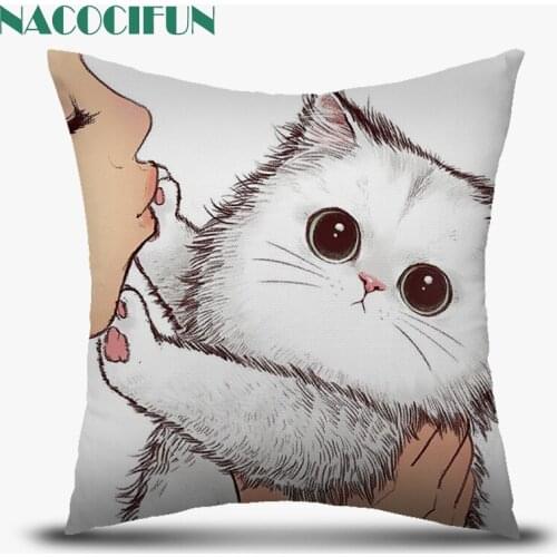 NACOCIFUN Cute Cartoon Cat Print Cushion Cover White Soft Polyester Throw Pillows Cases Sofa Home Decor Pillowcase Pillow Covers