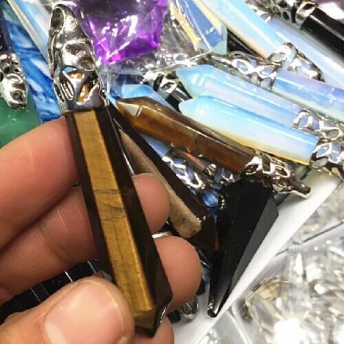 Natural Tiger Eye Stone Crystal And Opal Pendant Hexagonal Column Necklaces