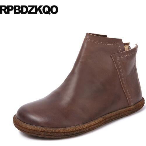 Shoes Brown Ankle Fall Autumn Short Handmade Genuine Leather Flat Booties Brand Women Winter Boots Fur Retro Round Toe Chinese