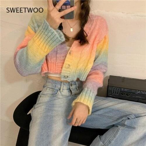 Fall 2021 Knitted Cardigan Button Up Korean Cute Sweaters Cropped Cardigan Women Kawaii Crop Sweater Knitting Top Streetwear