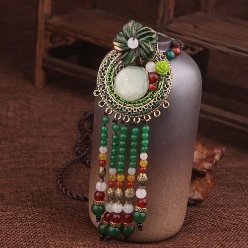 Handmade braided Fashion vintage Bohemia necklace green, women tassel jewelry,New ethnic necklace nature stones flowers necklace