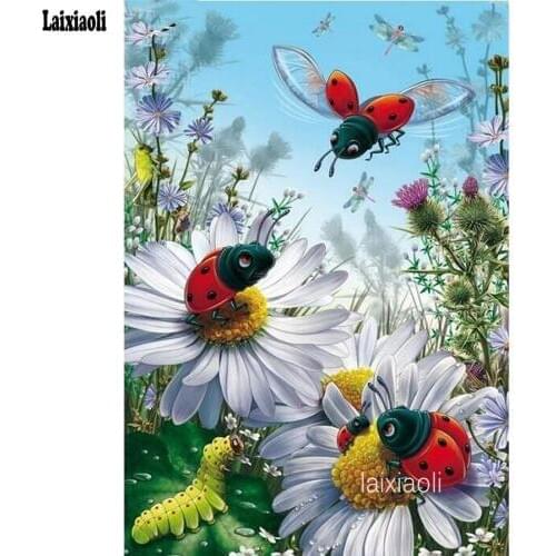 Full square Rhinestones 5d diy diamond painting eigen foto,Diamond Embroidery Ladybugs daisies flower Mosaic Diamond puzzle arts