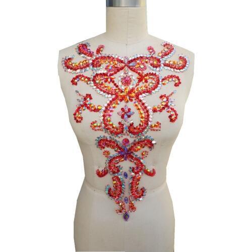 A301-4 hand made red/clear AB colour sew on Rhinestones applique crystal patches trim 46*30cm for dress accessory