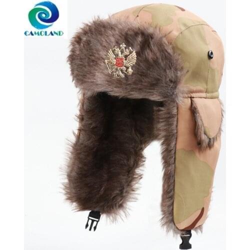 CAMOLAND Winter Warm Bomber Hat Women Men Military Army Soviet Badge Russia Ushanka Cap Outdoor Faux Fur Earflap Caps