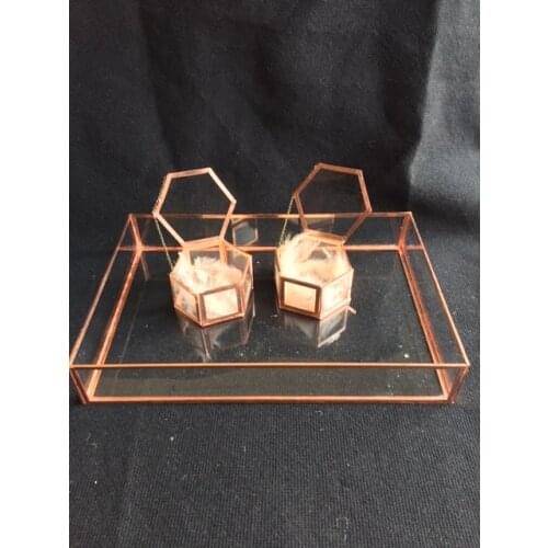 Bakır Rose Cam Turk Modern Nişan Söz Düğün Tepsisi Altıgen Yüzük Alyans Kutulu Set Romantik Tepsi