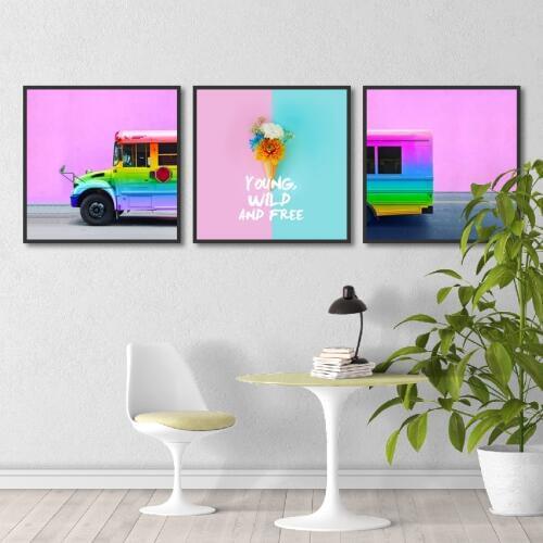 Modern Fashion Art Rainbow Car Bus Nordic Landscape Posters Nursery Baby Decor Canvas Painting Pink Girls Room Wall Art Picture