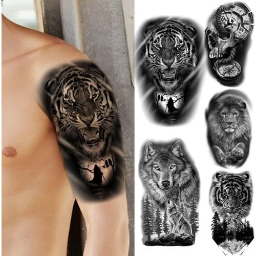3D Black Tiger Temporary Tattoos For Men Adult Lion Skull Wolf Fake Tattoo Realistic Body Art Decoration Half Sleeve Tatoo Paper