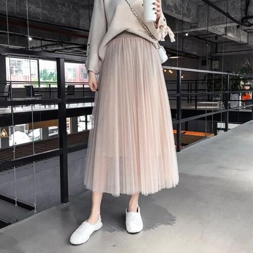 Azterumi Spring New 2019 Women Sweet Mesh Ball Gown Skirt High Waist Pleated Midi Skirts Black Gray Pink Apricot Beach Skirt