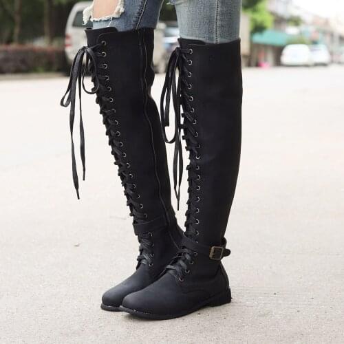Nice New Women Thigh High Boots Fashion Suede Leather High Heels Lace Up Female Over The Knee Boots Women Shoes Plus Size