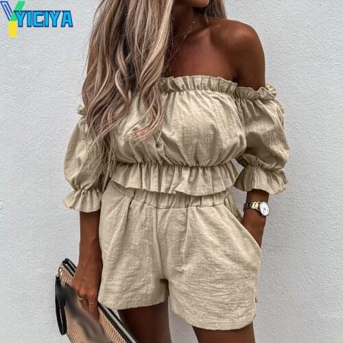 Casual New Solid Ruffles Off Shoulder Women Shorts Set Slash Neck Crop Tops And High Waist Bottom Ladies Suit Summer Beach Style