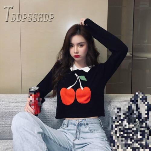 2019 Autumn Korean Playful Women Sweater Red Cherry Expose Belly Short Style Female Sweaters