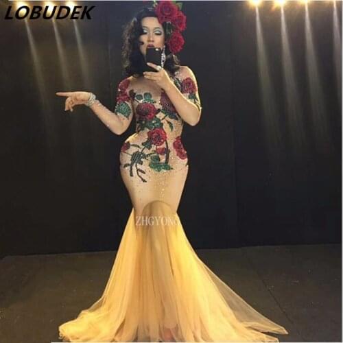 Rose Flower Bright Crystals stone female costume dresses sexy for singer dancer nightclub Stag Party costumes