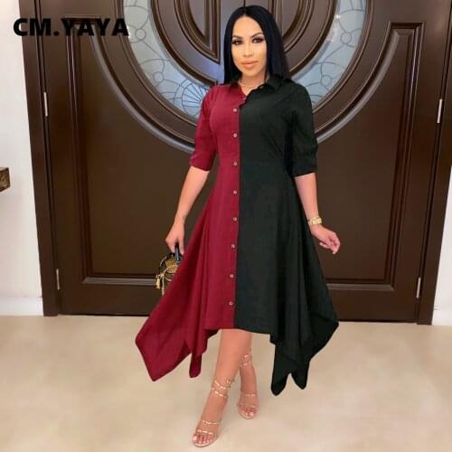 CM.YAYA Women Dress Patchwork Short Sleeve Turn-down Collar Single Breasted Loose Long Maxi Dresses Office Lady Outfit Fall 2021