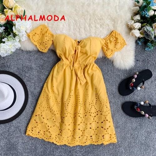 ALPHALMODA 2019 New Summer Sexy Padded Beach Dress Flare Sleeve High Waist Women Holidays Mini Vestidos Yellow