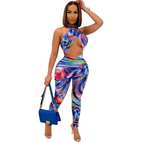 2021summer Sexy Breast Wrapped Printed Womens Tight Dress Painted Hollow Jumpsuit Tight Pants And Trousers
