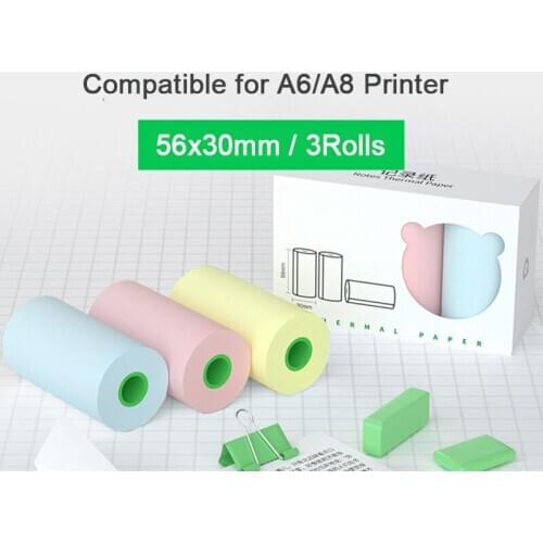 3Rolls 56*30mm Thermal Paper Printable Sticker Compatible for PeriPage A6 Pocket Bluetooth Printer and Paperang P2 Photo Printer