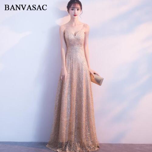 BANVASAC Sexy Deep V Neck Gold Bronzing A Line Long Evening Dresses Party Spaghetti Strap Sash Backless Prom Gowns