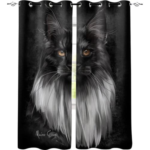 Black Cat Noble Mystery Window Curtains LivingRoom Kitchen Curtains Left and Right Biparting Open