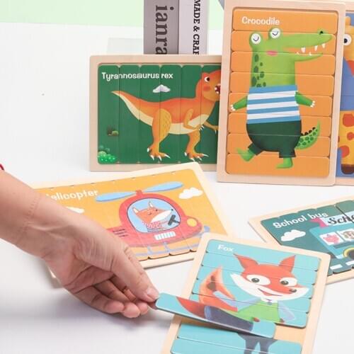 Children Kids Cartoon Animal 3D Wooden Puzzle Double-sided Strip Montessori Toys Telling Story Stacking Jigsaw Educational Toys