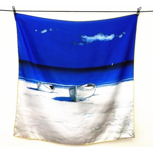 Designer Women 90cm bohemian Van Gogh Oil Painting Series Coastal Ships womens shawl silk scaef crinkle hijab Beach Cover Ups