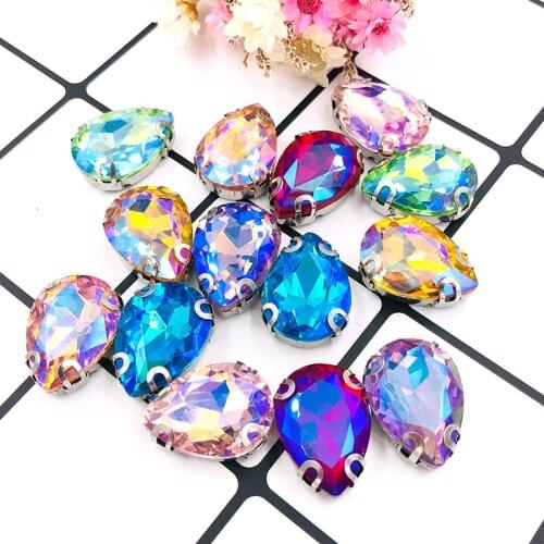 New arrival Teardrop shape crystal Glass sliver base flatback sew on rhinestones with D claw for DIY clothing Accessories
