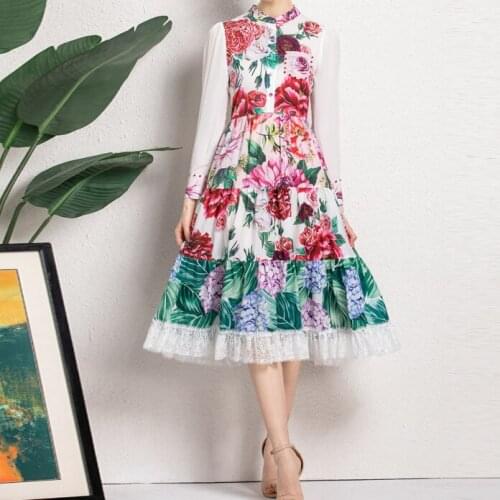 And 2021 summer spring new womens printed small stand-up collar long-sleeved lace stitching large swing holiday dress