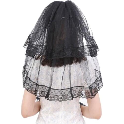 Short Bridal Veil with Comb Black Tulle Sheer Veils Hair Accessories Lace Trim A5KE