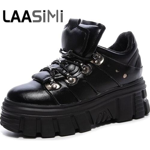 LAASIMI Womens Fashion Rivet Sneakers With Platform Sport Shoes Woman Genuine Leather Chunky Footwear Ladies Lace Up Creepers