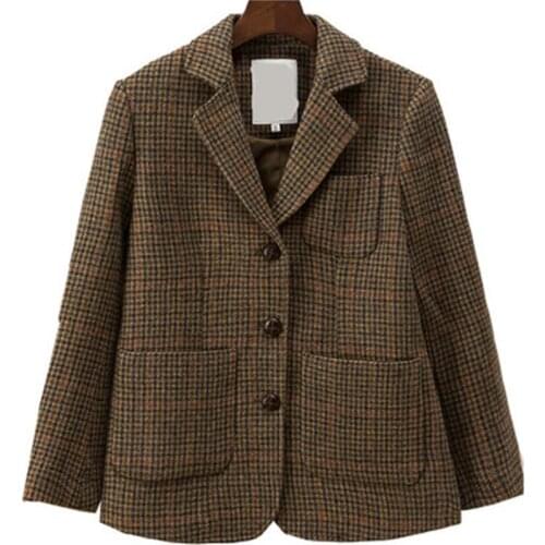 Fashion plaid Blazer women Winter New high quality wool Tweed small suit loose Casual office lady Blazer women wool coat women
