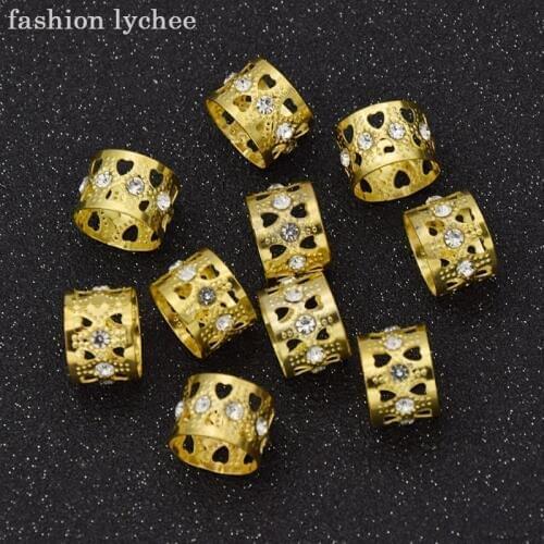 Fashion lychee 10pcs Golden Color Dreadlock Beads Filigree Adjustable Crystal Hair Braid Women Fashion Hair Accessories