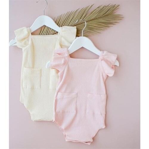 0-18M Newborn Baby Summer Boys Girls O-Neck Clothes Ruffles Knitted Girls Fly Sleeve Solid Pocket Romper Jumpsuits Headband