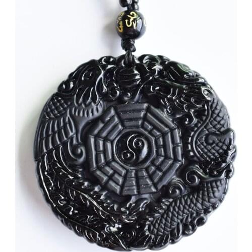 Natural Black Obsidian Hand Carved Chinese Dragon Phoenix BaGua Lucky Amulet Pendant Free Necklace Fashion Fine Jewelry