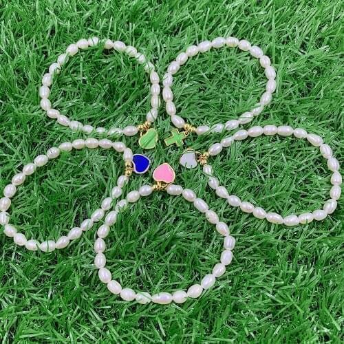 New Style Alien Pearl Beads Bracelet Gold Plated Heart/Cross Shape Enamel Pendant Bulk DIY Jewelry Wholesale