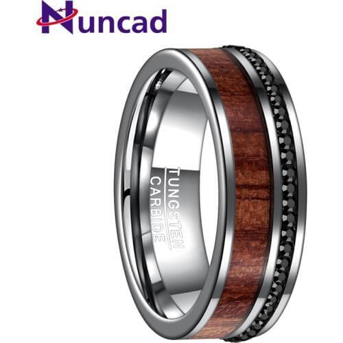 Nuncad 8MM width black crystal tungsten steel ring polished plane bevel inlaid wood grain mans wedding bands male rings T109R