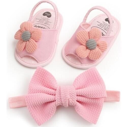 Newborn Baby Girls Cute Shoes Bow Breathable Anti-Slip Summer Shoes Sandals+Headband 0-18M 2021
