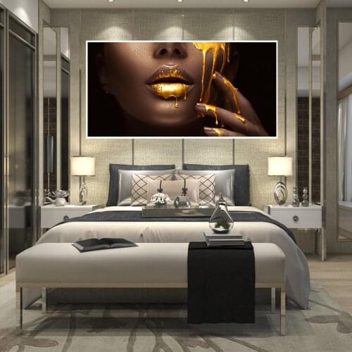 Nordic Style Home Decoration Beautiful Golden Black Lady High Definition Women Lip Fashion Poster Print For Living Room Unframed