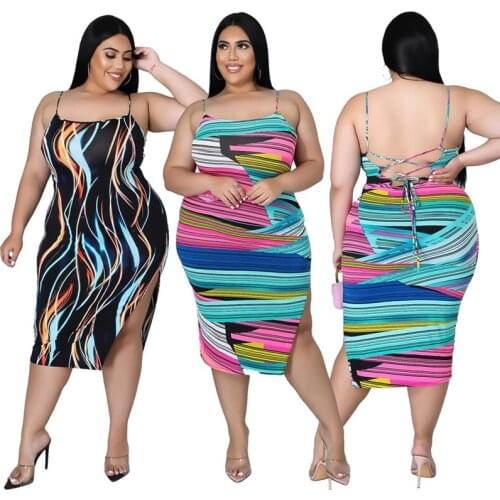 ZKYZWX Sexy Print Spaghetti Strap Midi Dress Plus Size Women Clothing Summer Office Lady Outfits Birthday Night Club Dresses