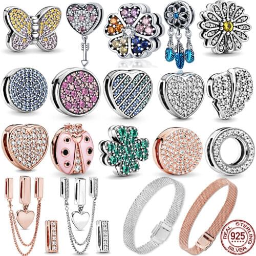 100% 925 Sterling Silver Timeless Sparkling Clip Charms Fit Original 3mm Reflexions Bracelet Making Fashion DIY Jewelry